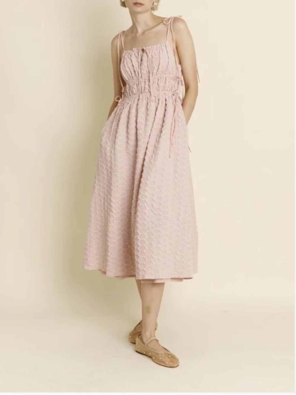 Pastel Pink Textured Floral Rosette Midi Dress Coquette Wedding Cottagecore NWT